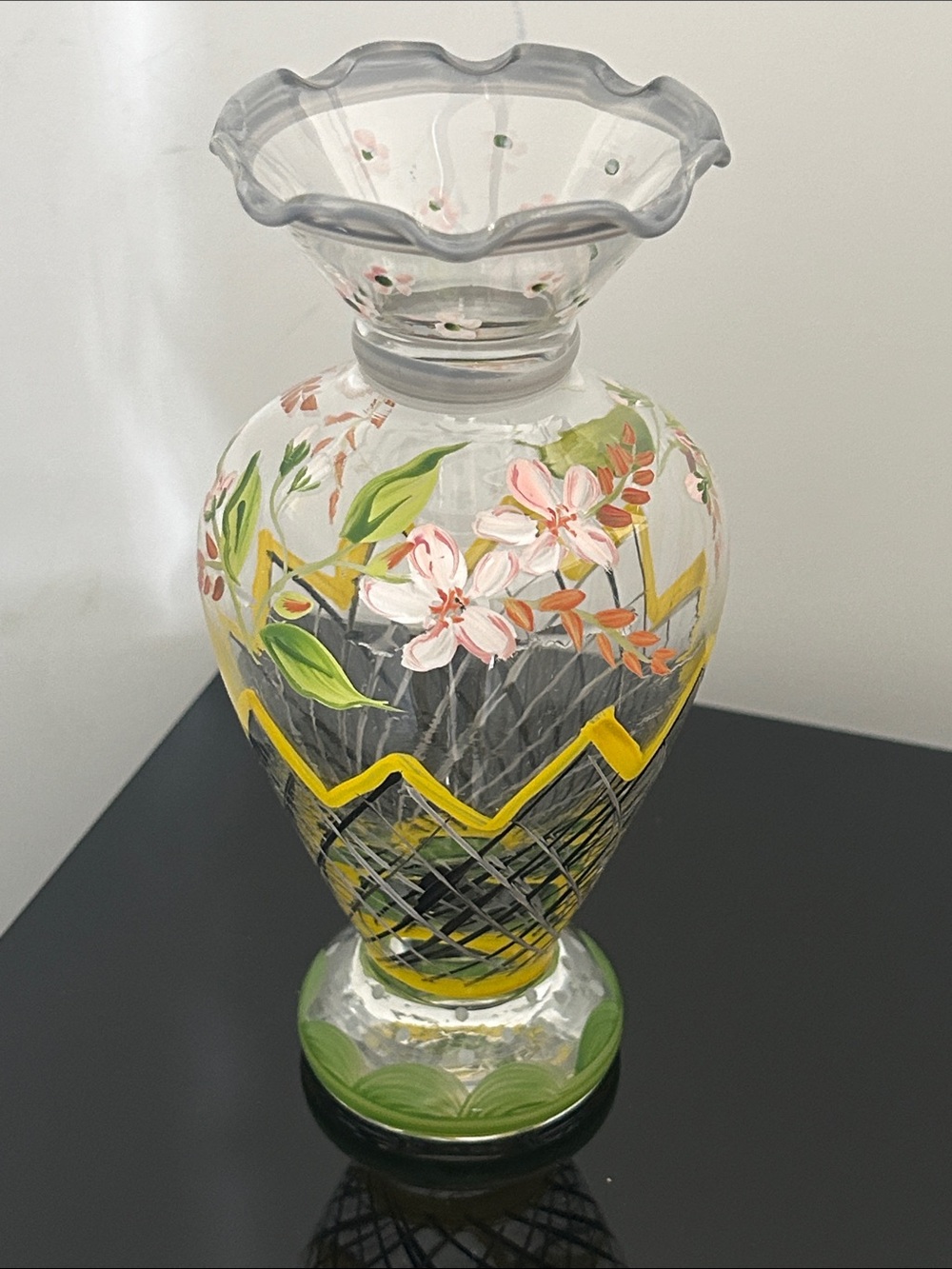 Hand-Painted Clear Glass Floral Vase with Yellow and Green Accents